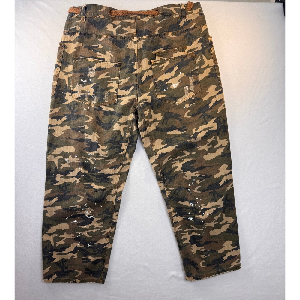 OH Jeans XL Camo Cargo Pants Distressed Paint Splatter Rope Belt Y2K Streetwear - Picture 2 of 9